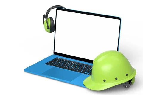 Set of safety helmets or hard caps, headphones and laptop on white background Stock Illustration