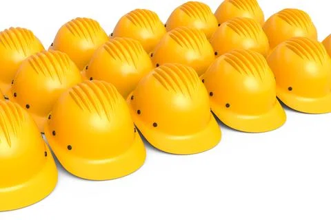 Set of safety helmets or hard caps for carpentry work in row on white backgro Stock Illustration