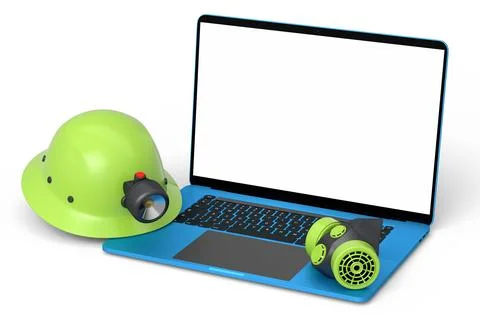 Set of safety helmets or hard caps, respirator and laptop on white background Stock Illustration