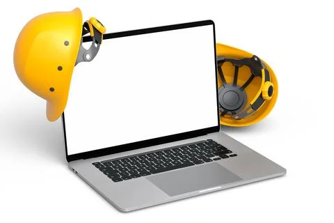 Set of safety helmets or hard caps and laptop on white background Stock Illustration