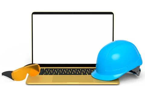 Set of safety helmets or hard caps, goggles and laptop on white background Stock Illustration