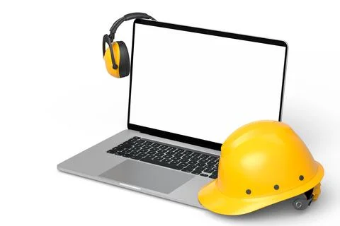 Set of safety helmets or hard caps, headphones and laptop on white background Stock Illustration