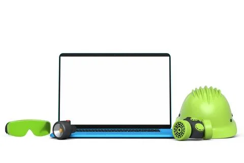 Set of safety helmets or hard caps, respirator and laptop on white background Stock Illustration
