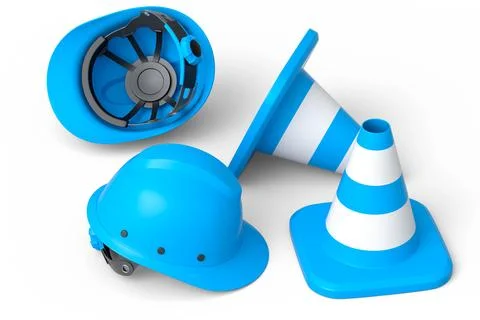 Set of safety helmets or hard hats and traffic cones on white background Stockillustratie