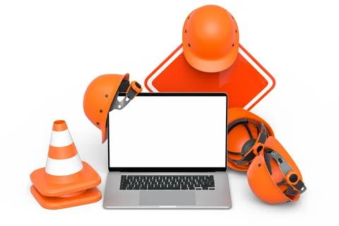 Set of safety helmets or hard hats and traffic cones, road sign on white Stock Illustration