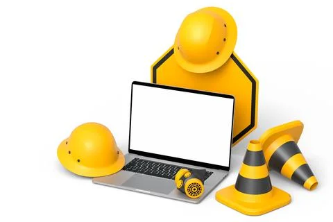 Set of safety helmets or hard hats and traffic cones, road sign on white Stock Illustration