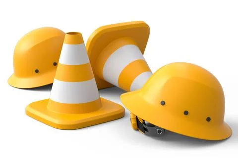 Set of safety helmets or hard hats and traffic cones on white background Stockillustratie