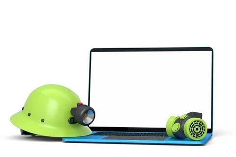 Set of safety helmets or hard caps, respirator and laptop on white background Illustrazione stock