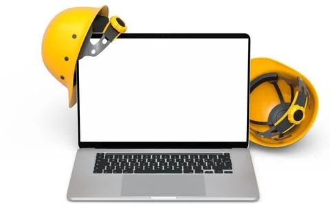 Set of safety helmets or hard caps and laptop on white background Stock Illustration