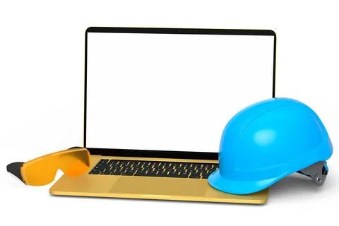 Set of safety helmets or hard caps, goggles and laptop on white background Stock Illustration