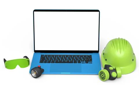 Set of safety helmets or hard caps, respirator and laptop on white background Stock Illustration