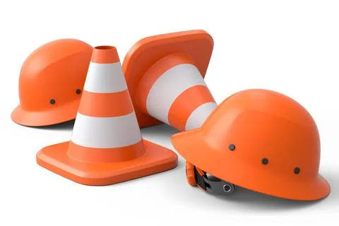 Set of safety helmets or hard hats and traffic cones on white background 库存插图
