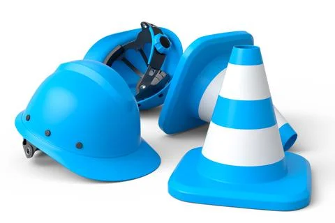 Set of safety helmets or hard hats and traffic cones on white background Stockillustratie