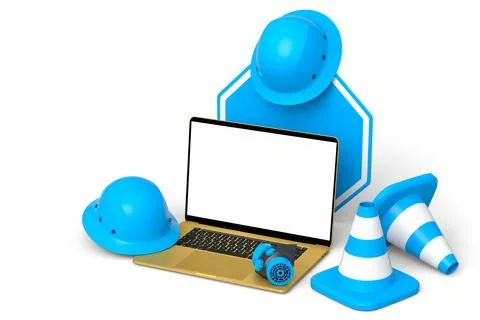 Set of safety helmets or hard hats and traffic cones, road sign on white Stock Illustration