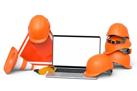 Set of safety helmets or hard hats and traffic cones, road sign on white Stock Illustration