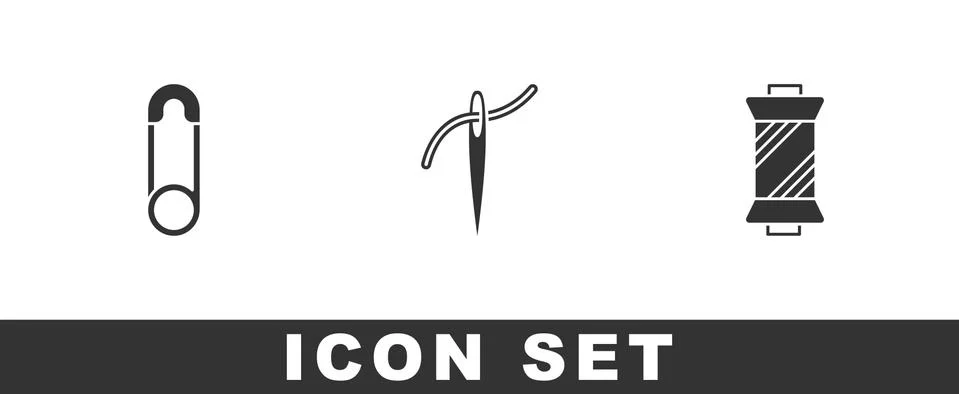 Set Safety pin, Needle with thread and Sewing on spool icon. Vector Stock Illustration
