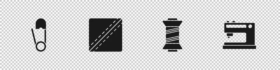 Set Safety pin, Sewing Pattern, thread and machine icon. Vector Stock Illustration
