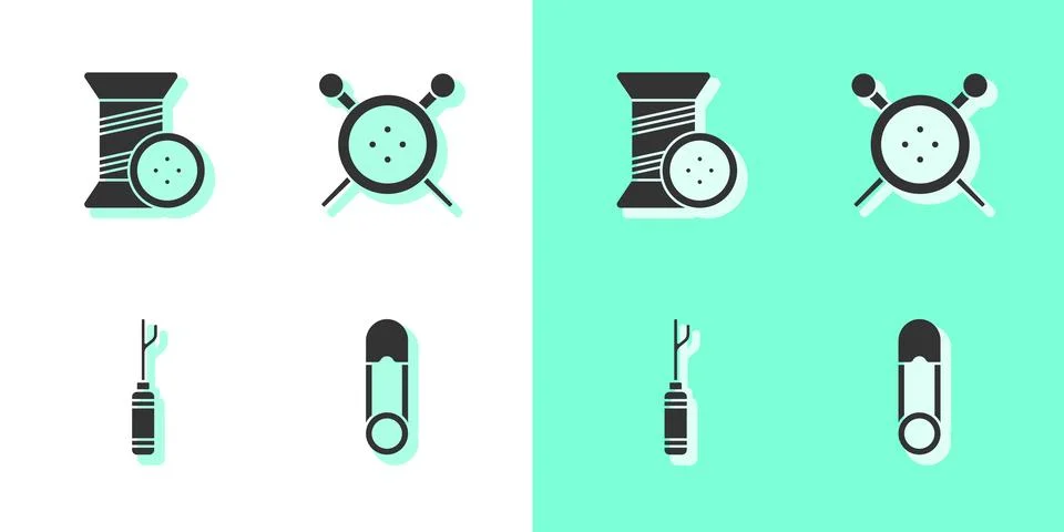 Set Safety pin, Sewing thread and button, Awl tool and knitting needles icon Stock Illustration