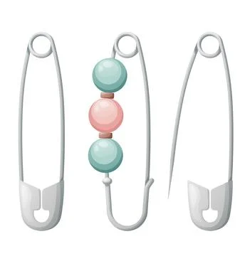 Set of safety pins with beads. Tools for sewing and tailoring. Stock Illustration