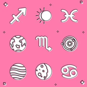 Set Sagittarius zodiac, Eclipse of the sun, Pisces, Planet Earth, Scorpio, Solar Stock Illustration