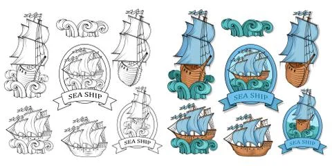 Set Of Sailing Ship. Retro Cargo Ship. Sailing ship. Sailing boat logo. Stock Illustration