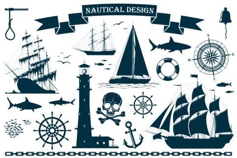Set of sailing ships with nautical design elements Stockillustratie