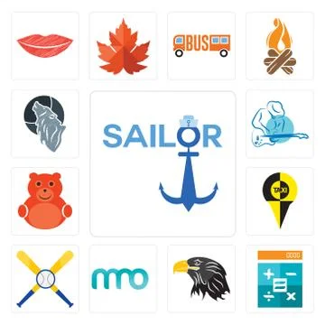 Set of sailor, calculator, eagle head, 3 letter, baseball team, , cute bear,  Illustrazione stock gratuita