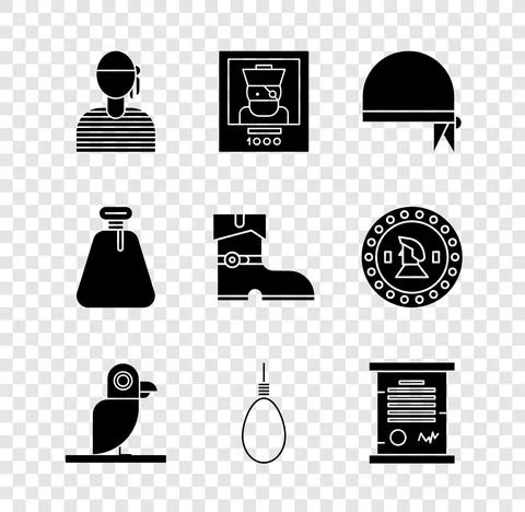 Set Sailor captain, Wanted poster pirate, Pirate bandana for head, parrot Stock Illustration
