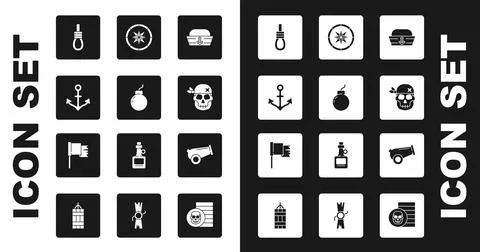 Set Sailor hat, Bomb ready to explode, Anchor, Gallows rope loop hanging, Skull Stock Illustration