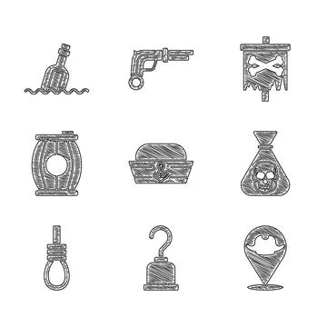 Set Sailor hat, Pirate hook, Location pirate, coin, Gallows rope loop hanging Stockillustratie