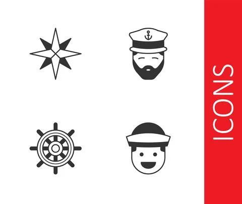 Set Sailor, Wind rose, Ship steering wheel and Captain of ship icon. Vector Illustration