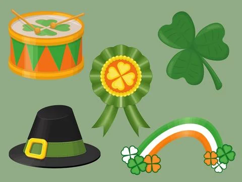 A set for saint patricks day includes holiday drum, three-leafed clover, black Stock Illustration