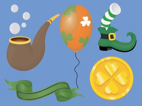 A set for saint patricks day includes smoke pipe, holiday baloon, boot with sock Stock Illustration
