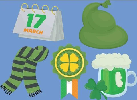A set for saint patricks day includes callendar, bag, badge, glass of ale and Stock Illustration