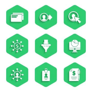 Set Sales funnel with arrows, Contract money and pen, Computer monitor graph 스톡 일러스트