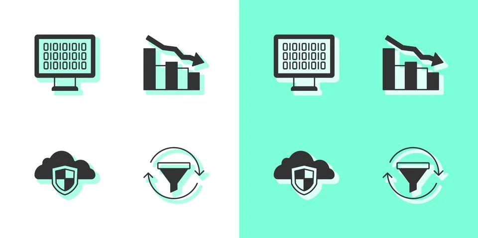 Set Sales funnel with chart, Binary code, Cloud and shield and Financial growth 库存插图