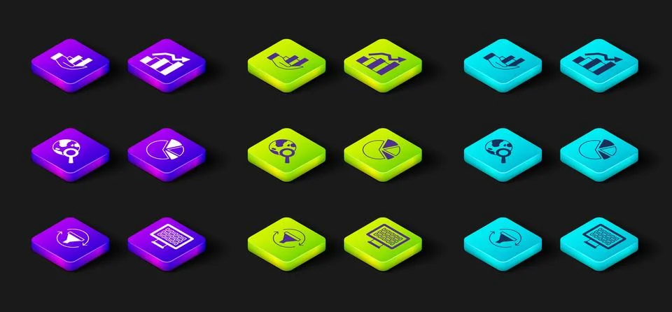 Set Sales funnel with chart, Binary code, Search globe, Pie infographic, Fi.. Stock Illustration