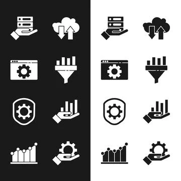 Set Sales funnel with chart, Browser setting, Server, Data, Web Hosting, Cloud Illustrazione stock