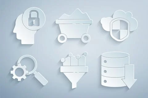 Set Sales funnel with chart, Cloud and shield, Magnifying glass gear, Server Illustrazione stock