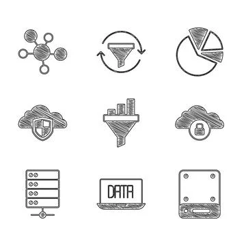 Set Sales funnel with chart, Data analysis, Server, Cloud computing lock, and Illustrazione stock