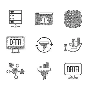 Set Sales funnel with chart, Data analysis, Pie infographic, Mind map, Binary Illustrazione stock