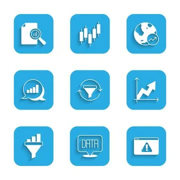 Set Sales funnel with chart, Data analysis, Browser exclamation mark, Financial Stock Illustration
