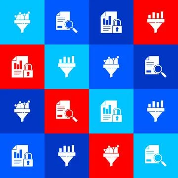 Set Sales funnel with chart, Document search, and lock and icon. Vector 스톡 일러스트