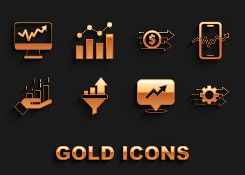 Set Sales funnel with chart, Mobile stock trading, Time management, Financial Illustrazione stock