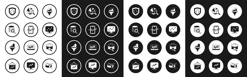 Set Sales funnel with chart, Mobile stock trading, Server, Financial growth Illustrazione stock