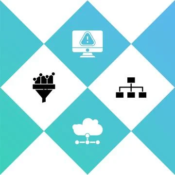 Set Sales funnel with chart, Network cloud connection, Monitor exclamation mark Stock Illustration