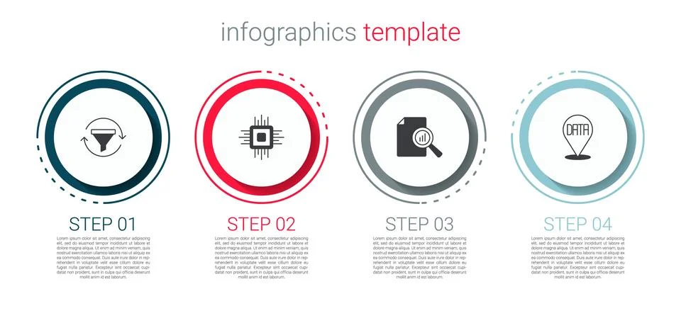 Set Sales funnel with chart, Processor CPU, Document graph and Data analysis Stock Illustration