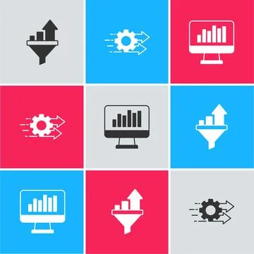 Set Sales funnel with chart, Time management and Monitor graph icon. Vector Illustrazione stock