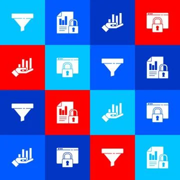 Set Sales funnel, Document and lock, Pie chart infographic and Secure your site Stock-Illustration