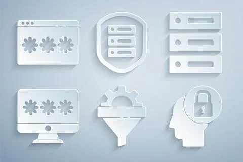 Set Sales funnel with gear, Server, Data, Web Hosting, Monitor password, Hu.. Illustrazione stock